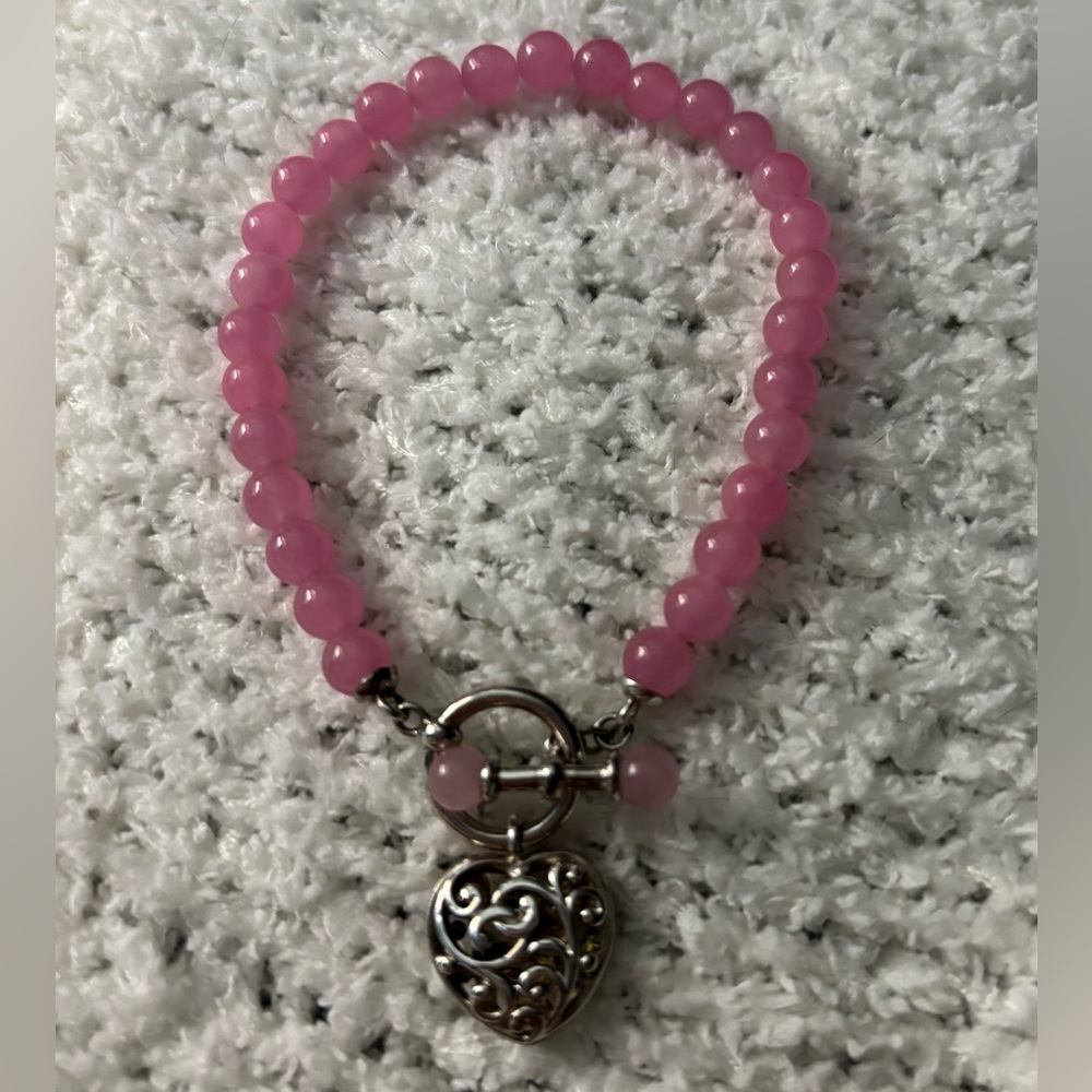 Pink Jade Bracelet with Sterling Silver Heart Charm